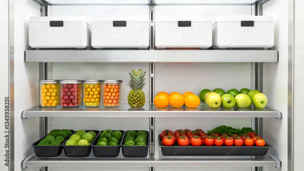 Poster smart shelf system displaying freshness indicators for food items in a modern retail environment.