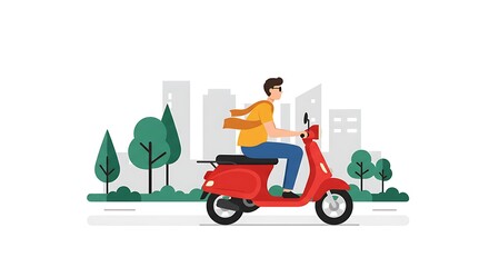 Man Riding Red Scooter in the City with Windy Scarf
