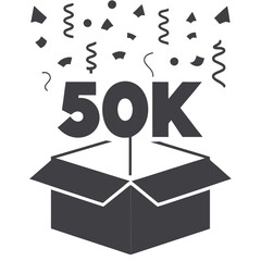 Futuristic digital party with confetti and floating 50K sign, a vibrant celebration of success, views followers subscribers