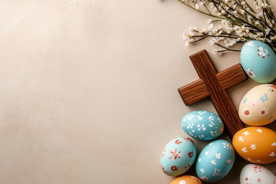 Easter eggs with wooden christian cross and spring flowers creating festive border on beige background