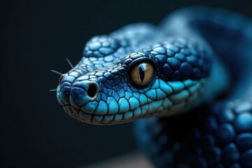 Obraz premium Scaled face of blue viper snake, showing piercing gaze and sharp fangs, nature, blue viper snake