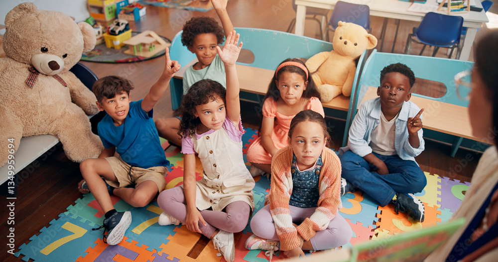 Poster Lesson, children and hands raised with answer in classroom for reading questions, knowledge and story feedback. Teacher, book and students on floor for learning development, language quiz and above