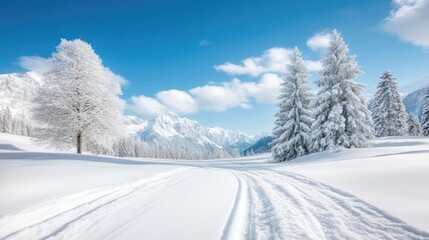 Obraz premium Snowy winter landscape with pristine snow-covered trees and mountains