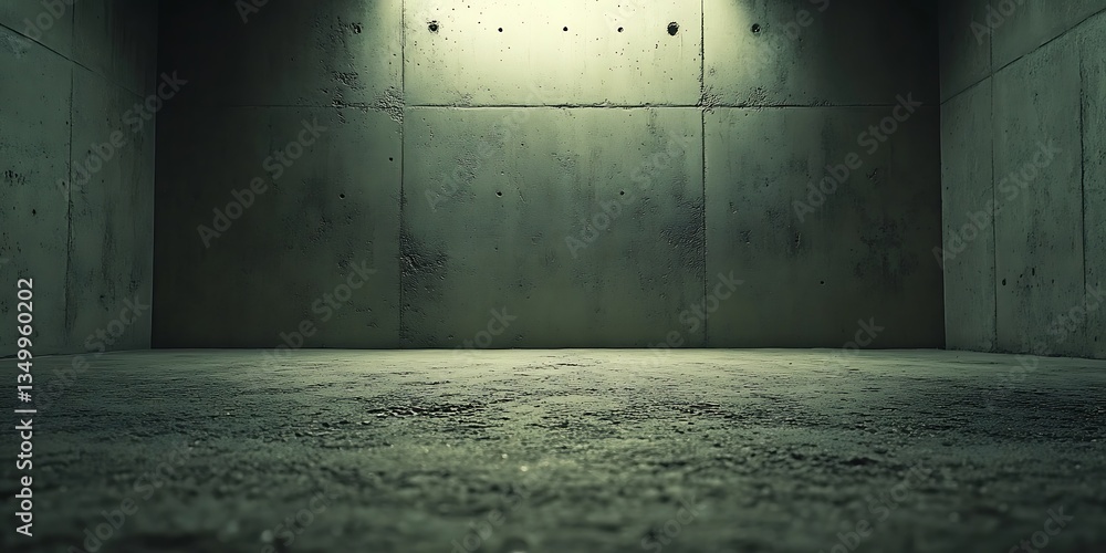 Poster minimalist studio with raw concrete texture and overhead lighting