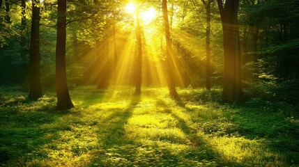 Obraz premium Sunlit Forest Canopy: A mesmerizing capture of sunrays piercing through the lush canopy of a dense forest, illuminating the vibrant green undergrowth and creating a serene, dreamlike atmosphere.
