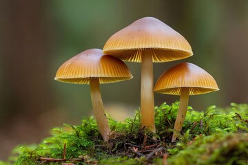 Three golden mushrooms sprout from mossy forest floor