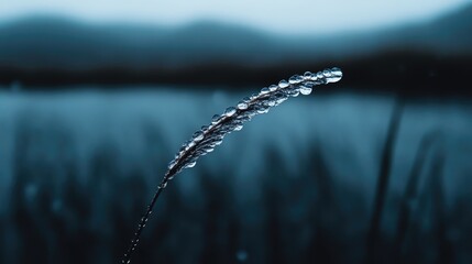 Dew-kissed grass blade in soft focus