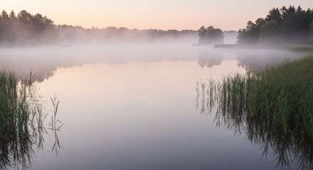 Fototapeta premium Serene Lake with Early Morning Fog and Reflective Waterscape at Sunrise