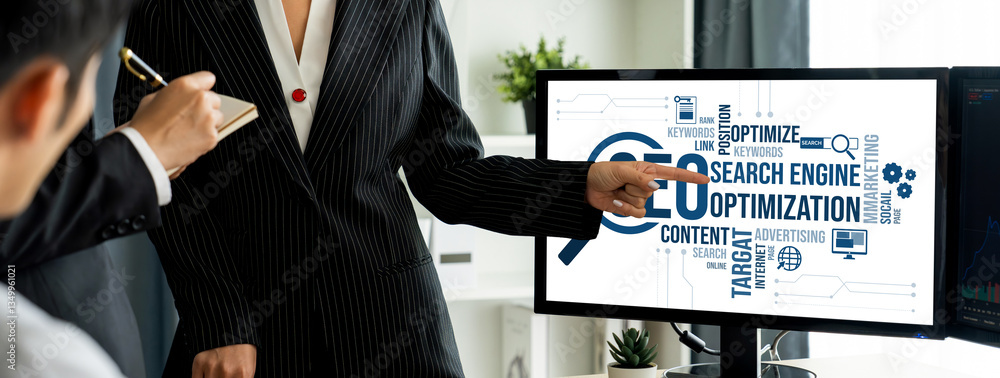 Poster seo search engine optimization for brisk e-commerce and online retail business showing on computer s