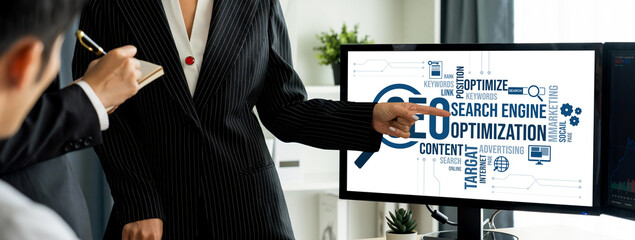 SEO search engine optimization for brisk e-commerce and online retail business showing on computer...