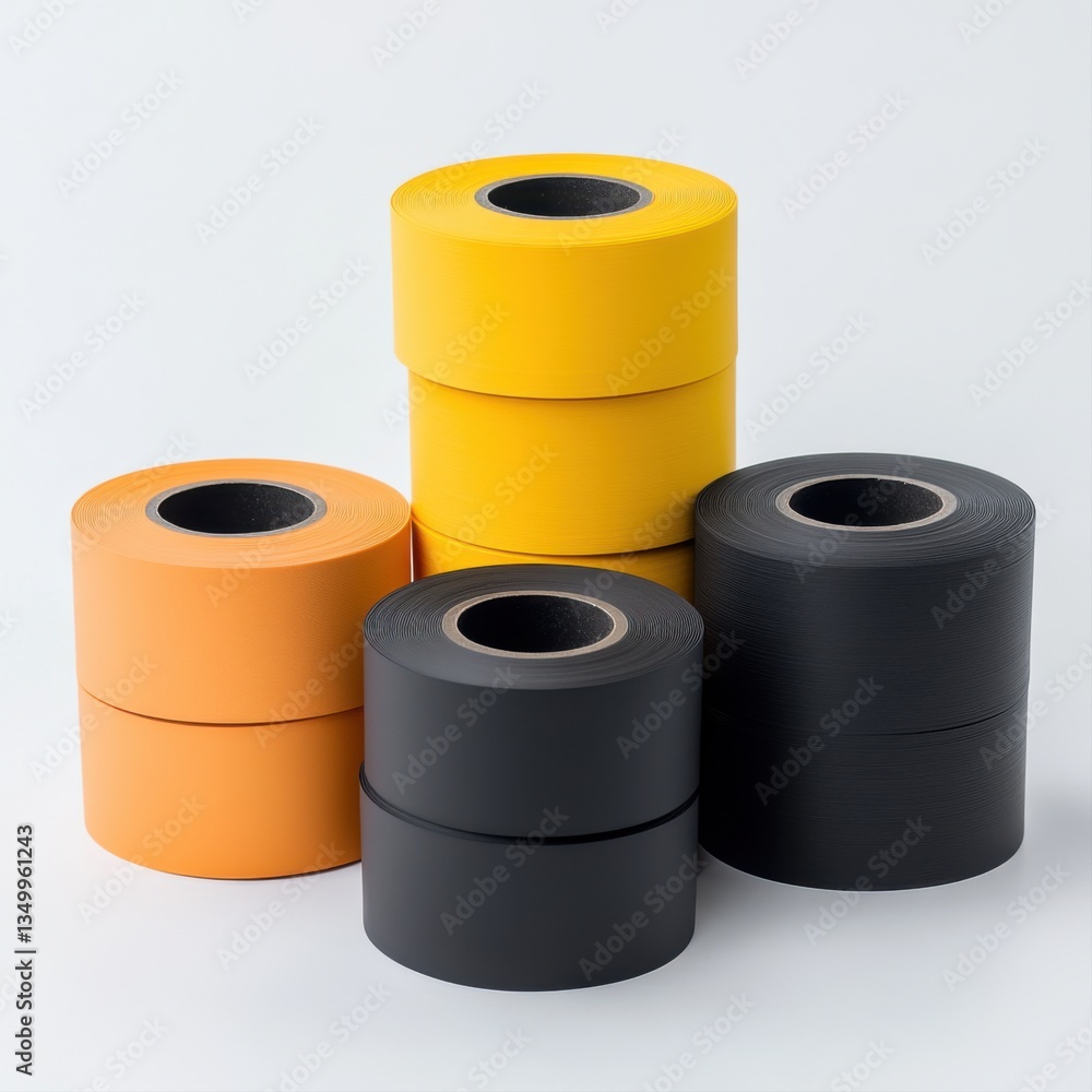 Poster assortment of colorful adhesive tape rolls stacked on a light background for creative projects and c