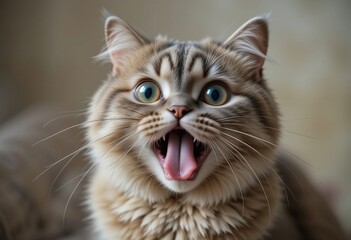 Naklejka premium Surprised Cat with Wide Open Mouth Showing Tongue in Close-up