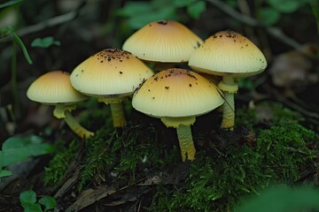 Cluster of pale yellow mushrooms emerging from moss in a forest setting