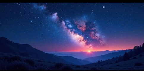 Shiny starry night landscape with dark space and shooting stars, cosmic, nebula