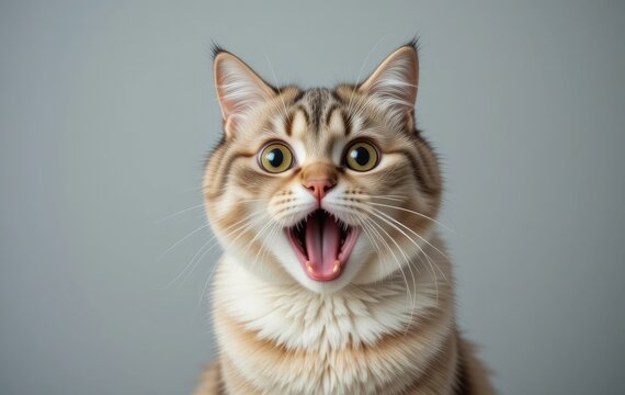 Surprised Tabby Cat with Mouth Open Close-up on Grey Background