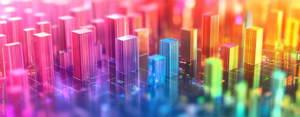 Poster abstract city scape with colorful geometric blocks and grid lines in a blurred background