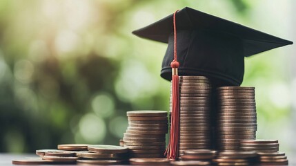 Graduation Cap on Coin Stacks, Symbolizing Student Debt, Financial Investment in Education, and the Path to Academic and Financial Success