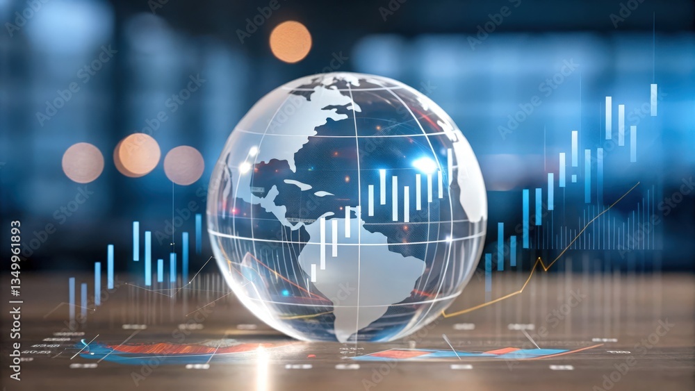 Poster a digital hologram of a globe with financial elements surrounding it.