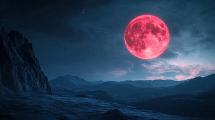 Crimson Moonscape: A mesmerizing view of a surreal crimson moon dominating a dark, dramatic night sky over a rugged, otherworldly terrain, capturing the mystery and majesty of the cosmos.
