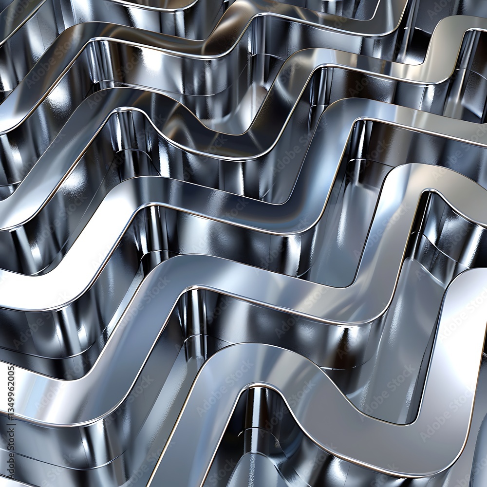 Poster abstract background featuring parallel, undulating channels made of shiny, reflective metal. creates