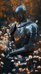 Fototapeta premium Knight, sunset, field, flowers, medieval, armor, peace, reflection, history, stock photo