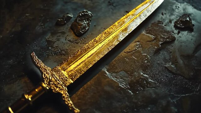 Golden sword on dark background. Dark sword with dark background. A drawing of a dagger in the art. A golden blade against a dark backdrop lifestyle.