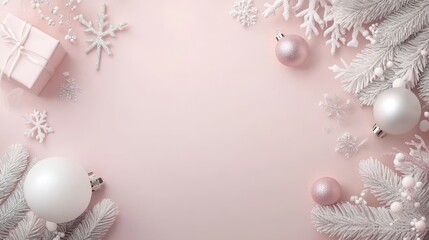 Elegant Pink and White Christmas Background - Festive Christmas background with pink and white ornaments, snowflakes, and gift box on a pale pink backdrop. Perfect for holiday cards or promotions