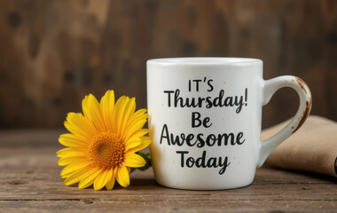 Thursday Motivation Morning Coffee with Yellow Flower on Wooden Table