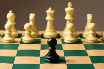 Lone black pawn standing against white chess pieces on green board