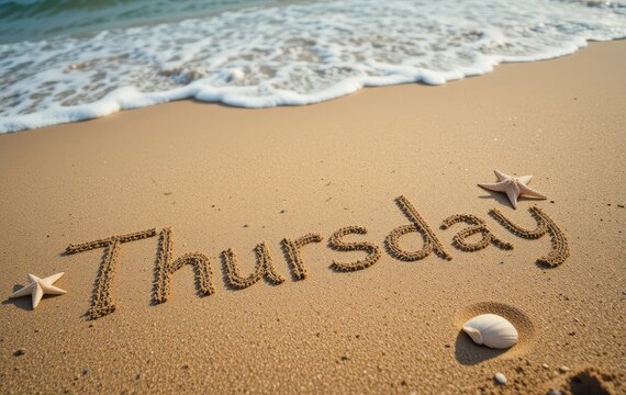Thursday Written in Sand with Starfish and Shells by the Sea
