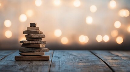 Obraz premium Stacked wood blocks with soft bokeh lights in the background