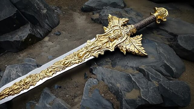 Golden sword on dark background. Dark sword with dark background. A drawing of a dagger in the art. A golden blade against a lifestyle dark backdrop.
