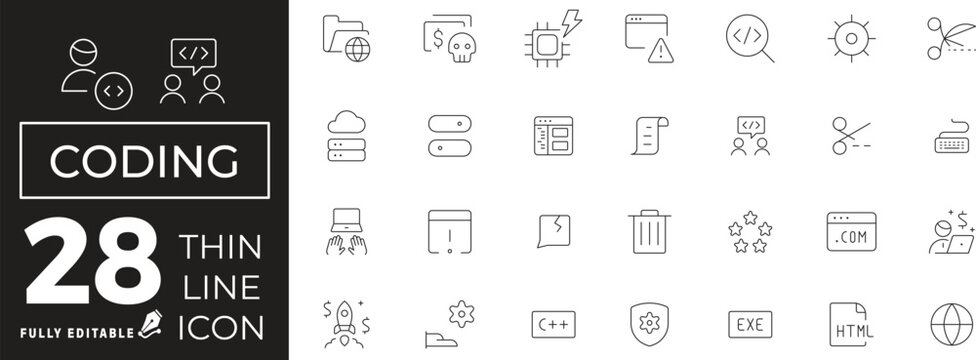 Coding Icon set of web and mobile in thin line style. Programming & coding Icons & Symbols Containing Code, api, programmer, developer, information technology, and more