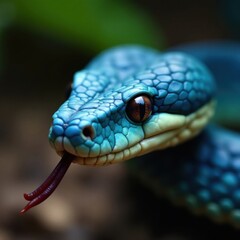 Fototapeta premium Slithering blue viper snake closeup face with forked tongue and beady eyes, face, animal