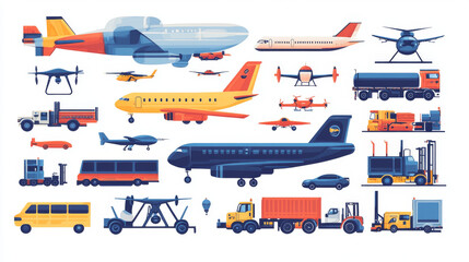 Transport poster with airplanes, blimp, truck, car, sweeper, drones, and forklift. Vector banner with isometric illustration of propeller planes, mini auto, airship, and van