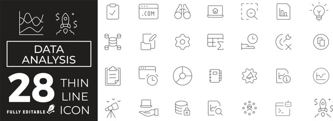 Data analytics Icon set of web and mobile in thin line style. business analysis Icons & Symbols Containing planning, magnify glass, document, binocular, analytic and more