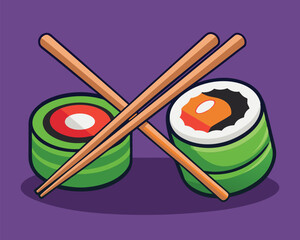 Sushi Rolls with Chopsticks. Japanese Cuisine Illustration