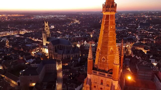 Explore the beauty of Brugge Belgium from above at sunset with stunning aerial views of historic architecture and scenic landscapes