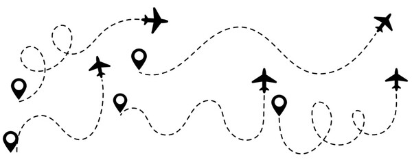 Set of airplane routes featuring plane paths, aircraft tracking, travel lines, map pins, and location markers. Vector illustration. © Tetiana Kubara