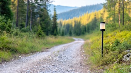 Scenic gravel path through a pine forest, lit by a modern lamp post