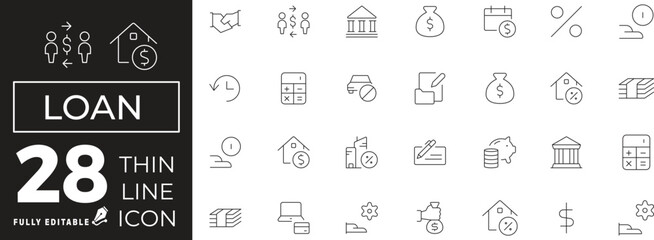 Loan Icon set of web and mobile in thin line style. business loan and credit Icons & Symbols Containing loan, money, credit rating, business, interest, calculator, marketing and more