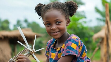 African Girl Building Wind Turbine from Recycled Materials