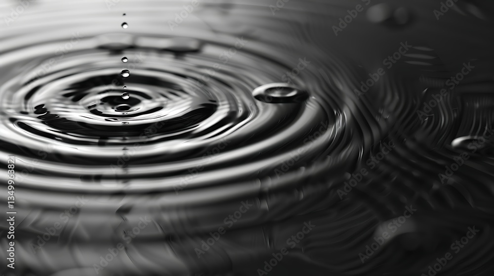 Poster monochrome close-up of water ripples expanding outward from a central point where a drop impacts the