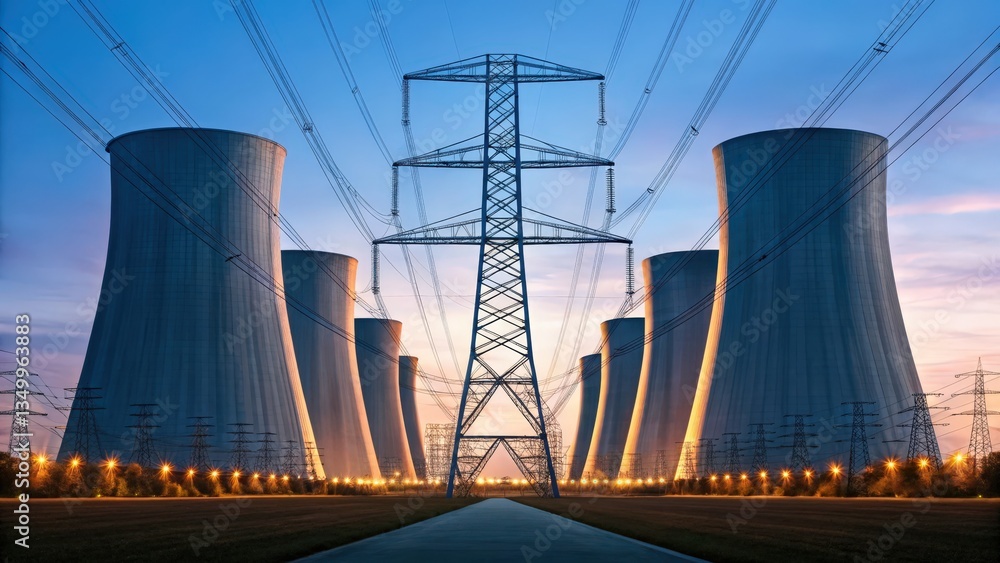 Poster futuristic power grid featuring advanced fusion reactors in a modern setting.