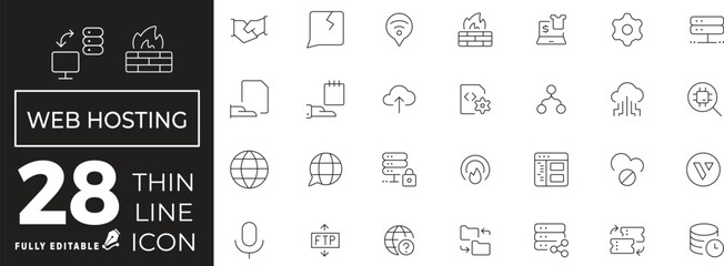 Web Hosting Icon set of web and mobile in thin line style. Hosting Cloud Computing Icons & Symbols Containing data exchange, domain, cloud, website, server, traffic and more