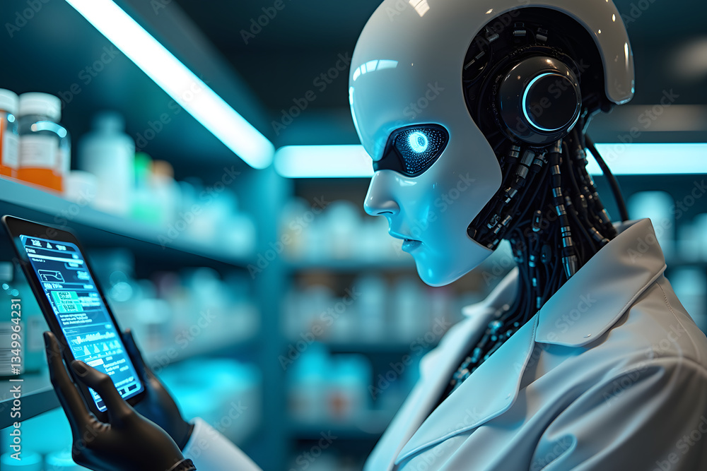 Poster a futuristic robot with a sleek design and glowing blue eyes examines a tablet while standing in a h