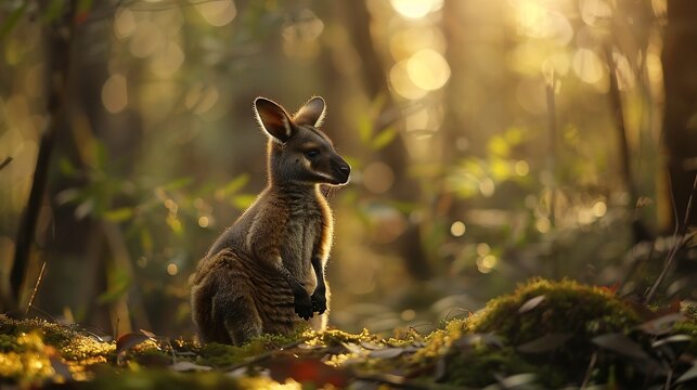 Photo of swamp wallaby golden hour lighting captured with telephoto lens standing on mossy forest floor warm light filtering through dense eucalyptus trees bokeh background National Geographic style
