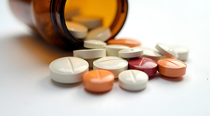 variety of colorful pills scattered around a tipped-over amber bottle representing medication and health care themes