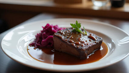  Roast Sauerbraten with rich gravy in a gourmet dinner presentation.