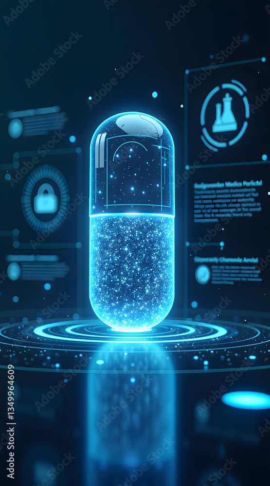 Poster a futuristic glowing capsule surrounded by digital holograms and data displays highlighting scientif
